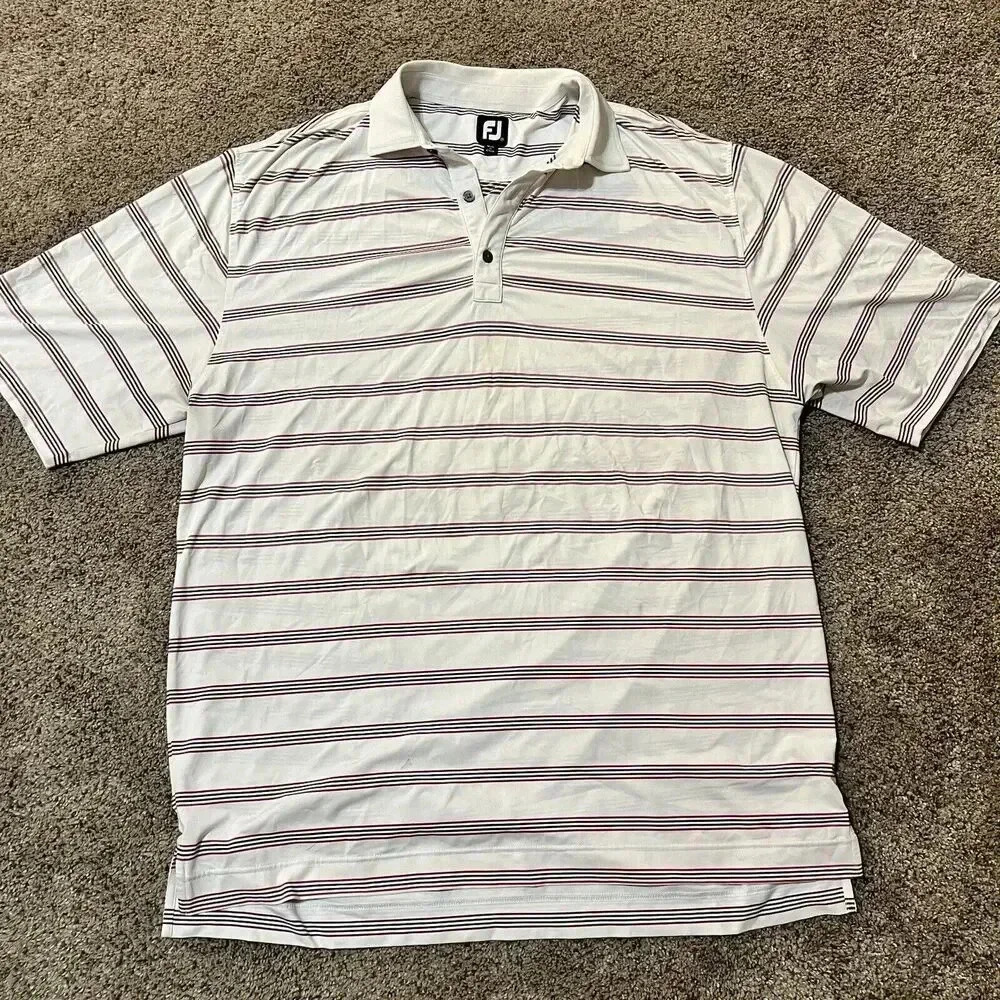 FootJoy FJ Shirt Adult XXL White Striped Polo Golf Mens Long Bay Club Jersey Fit